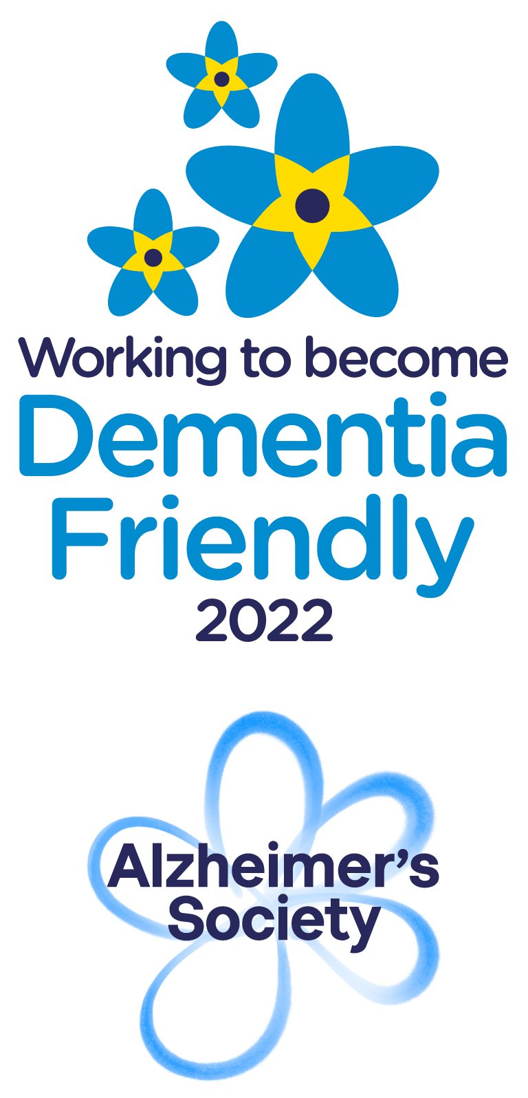 Dementia Friendly logo with blue forget me nots and text that says working to become dementia friendly 2021