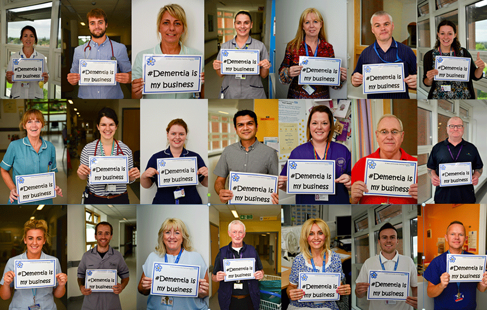 Montage of pictures showing staff holding a banner stating Dementia is my business