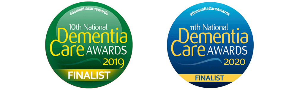 Awards logos for finalists in National Dementia Care Awards 2019 and 2020