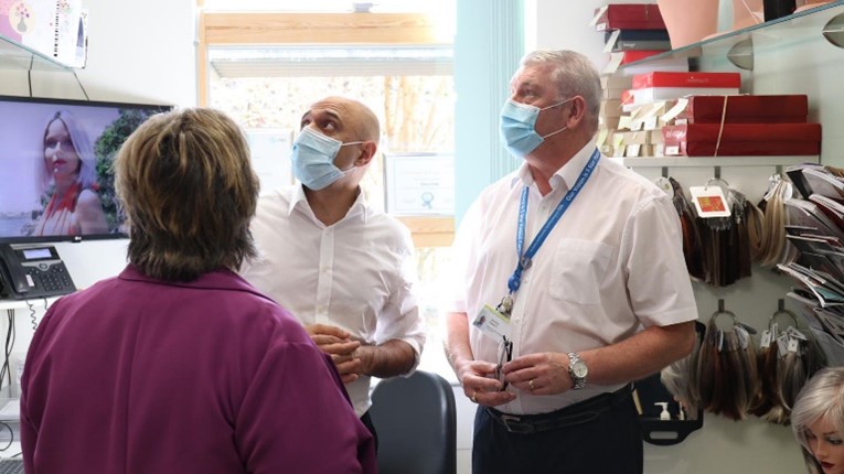 Sajid Javid meeting STHK wig technicians in Lilac Centre cancer unit
